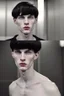 Placeholder: pale skin tone, black hair in a longish bowl cut with whisps in front of his ears, face is thin with high cheekbones and deep blue eyes. lean build that suggests he doesn't engage in a lot of physical activity. He is of average attractiveness with a boyish face.