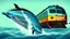 Placeholder: A train to cross the ocean where dolphins are jumping.