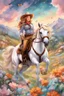 Placeholder: Wide angle of Artistic, Creativity,cowgirl on a horse in wilderness like a Marlboro advertisement, enchanting attire whimsical colors, dreamlike setting, floating pastel clouds, garden of surreal flowers:1.1, ethereal brush strokes, playful creatures, sparkling stars, radiant smile, glimmering eyes, magical ambiance, curly locks adorned with butterflies, teapot hat, caterpillar companion, paintbrush scepter, fantastical adventures, canvas of imagination, painted wing, laughing in wonder, enchant