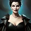 Placeholder: painting of evil queen in black leather, angry, strong, volouptous, busty, cleavage, emperious, mature, highly detailed, digital painting, artstation, concept art, smooth, sharp focus, illustration, art by gaston bussiere and alphonse mucha