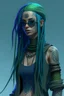 Placeholder: entire body mermaid cyberpunk some fish scales on face indigo hair dreadlock sunglasses