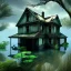 Placeholder: Abandoned house, overgrown, partially submerged,Interior, water inside