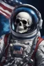 Placeholder: A close up of a skeleton face in an astronaut suit floating in space. On his suit is an American flag and in his one hand is a small wavering American hand flag. From the back of his suit is blowing out blue, white and red smoke. Realistic, 8k, highly detailed, funny