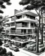 Placeholder: Architectural drawing of an urbanization of modern two-story houses, streets, trees, people and cars