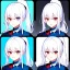 Placeholder: Clear focus, 8k, beautiful lighting, vibrant colors, girl, white hair, long hair, vibrant red eyes, ponytail, same twins, white hair, blue eyes, same clothes,