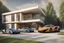 Placeholder: Modern apartment on the outskirts of a metropolitan city, with 2 supercars in the garage, with a beautiful background of the city, there are several trees next to it, it has a very strong impression, 3d rendering