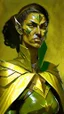 Placeholder: A tall woman with tanned skin. Her face, marked by the years, always has a smirk on it, showing her superiority in the eyes of the others. She is dressed in leather armor and wears a yellow and green cape. A scar runs from her right ear to her neck.