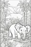 Placeholder: Stress Relief themed coloring page for kids, cartoon style, thick outline, No details, No shading, No colors, no background, black outline only, A cute jungle scene with playful animals and lush foliage for a calming escape