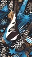 Placeholder: Create a dynamic snowboard pattern with a guitar theme, utilizing a maximum of 6 colors. Feature a stylized guitar fretboard running down the board in rich browns and blacks, complemented by rhythmic snowflakes in cool blues or silvers. Integrate a guitarist silhouette shredding down a mountain slope, using gradients for strumming motion. Keep the palette vibrant and harmonious, capturing the energy of music and snowboarding.