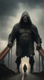 Placeholder: Bosch nightmares paining style Title:the angry giant hooded creature standing tall bigger than San Francisco golden bridge , 8k artistic photography, photorealistic concept art, soft natural volumetric cinematic perfect light, chiaroscuro, award-winning photograph, masterpiece, oil on canvas, Raphael, Caravaggio’s, Greg Rutkowski, people, beksinski, Giger