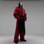 Placeholder: Dracula in a hoodie and trackpants, single subject, full length portrait, black red and white, full body visible, uncropped, 3d render, light grey seamless studio background