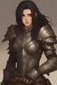 Placeholder: Female, long black hair, fit build, light brown eyes, wavy hair, heavy plate armor, full body, spiked armor, wielding spiked lance/glaive
