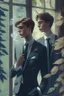 Placeholder: 20 Year boy with pretty face he is gay and gentle. smoking behind window while looking outdoor trees. His in a full official suit. Two of his boyfriends around him