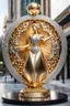 Placeholder: A magnificent golden and silver heart-shaped sign adorned with a stunning golden sphere encrusted with sparkling diamond clusters at its center, elegantly spinning in position,a golden statue of a girl in standing pose