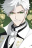 Placeholder: Young man with white hair, well-groomed, green eyes, smiling, friendly, wearing a tuxedo, aristocractic background, RWBY animation style