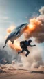 Placeholder: mounatins, dolphin police stunt man explosion and fall, smoke and blitz, bokeh like f/0.8, tilt-shift lens 8k, high detail, smooth render, down-light, unreal engine, prize winning