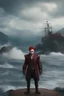 Placeholder: full body, head to toe, 3D, an anthropomorphic vampire Kraken man, with short, pixie-cut, (((red hair))) tapered on the sides - full color - 32k, UHD, 1080p, 8 x 10, glossy professional quality digital photograph - raging sea and mountains and a ship in the background, historic, powerful, exquisite detail, sharp - focus, ((skin details, high detailed skin texture))