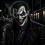 Placeholder: DEhybrid of (the joker:carnage:0. 1), sharp fangs, wide grin, grungy background street, moody lighting, shadows on left, torn jacket