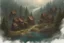 Placeholder: Civilização inspirada em game of Trones no meio de uma floresta robusta, casas de madeiras, várias casas e mar ao lado, imagem antiga, cores frias e ar misterioso, cenário game of trones