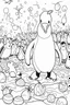 Placeholder: HAPPY NEW YEAR coloring page for kids, A cute penguin parade with confetti in a chilly Arctic scene, thick outline, low details, no shading, no color