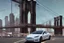 Placeholder: A Tesla's 'Model S' is parked, on the 'Brooklyn Bridge' in New York. CINEMATIC. WIDE ANGLE LENS. PHOTO REAL.