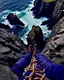 Placeholder: from the point of view of a rock climber, look down at the ocean rocks below as you climb high into the bluffs of ireland. holding on to the cliff face, the ocean below storms and swirls around a giant whirlpool, a great pit in the ocean