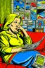 Placeholder: fat woman sitting on sofa READING NEWS PAPER listening to radio watching tv news in a room with signs of propaganda in the style of roy lichtenstein