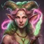 Placeholder: Generate a dungeons and dragons character portrait of a female Satyr named Lara. She is a trickster and manipulative. She is a warlock blessed by a Fey patron and radiates her patron's magic. She is wielding a magical flute she uses when casting spells. She radiates pink energy magic that is visible. Also make her flute visible. She is wearing green and brown clothes.
