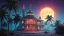 Placeholder: mysterious retrofuturistic house, glowing surrounded by tropical palm trees, synthwave, bright neon colors, highly detailed, cinematic, tim white, vladimir kush, chris foss, roger dean, bob eggleton, michael whelan, bruce pennington, bob eggleton, alfred kelsner, kubrick