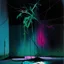 Placeholder: Minimal abstract oil painting of a neon plant in concrete warehouse brutalist architecture and hanging wires illuminated at night. With neon triadic colours. In the style of Justin Mortimer and Phil Hale, Ashley Wood