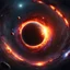 Placeholder: A solar system tightly orbiting a black hole, destruction, terror, ripping apart, colorful, dark, ominous, beautiful abyss, vivid, 8k 3d, vray, highly detailed matte painting, action, concept art, phoptorealistic, dozens of brightly lit rings of destroyed orbiting bodies, perfect circles