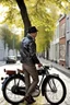 Placeholder: Standing on a sidewalk , l've mastered the art of seeing beauty everywhere! In a world filled with light, nature, and happy man, Creëer een mooie realistische Fantasie art, staande mooie man, laarzen, leren jack,spijkerbroek, zitten op een motor, kijkt achterom