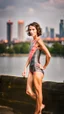 Placeholder: beautiful anorexic young woman, total shot, short shiny anthracite triathlon swimsuit, short brunette wavy bob hair, blurred city background