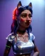 Placeholder: Waist up portrait, hybrid character, waitress British woman with classic muppet mask that covers her entire head and face, Sesame Street style, latex dress, short shirt, old school tattoo, hot, smooth, unreal engine 5, god lights, ray tracing, neon, RTX, lumen lighting, ultra detail, volumetric lighting, 3d.