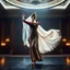 Placeholder: A full-body cinematic photograph of a graceful Azerbaijani woman performing a traditional national dance. She wears an intricately embroidered velvet bodice and a flowing long silk skirt. On her head is a small ornate traditional crown with a long, translucent white lace veil flowing elegantly behind her. She stands in a poised, elegant dance pose on a sleek modern performance stage with dramatic professional spotlighting. The stage is set inside a massive opulent royal hall with high ceilings,