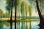 Placeholder: sunny day, lake, trees, sci-fi, trascendent, cosmic influence, friedrich eckenfelder and hans am ende impressionism paintings