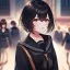 Placeholder: Clear focus, High resolution, fluffy black short hair, dark green eyes, wearing a black sailor uniform and pleated black skirt, fluffy hair, detailed outfit, wearing red makeup