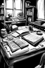 Placeholder: desk black and white book illustration