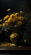 Placeholder: Bosch nightmares paining style Title:a yellow vase with dry dark color flowers 8k artistic photography, photorealistic concept art, soft natural volumetric cinematic perfect light, chiaroscuro, award-winning photograph, masterpiece, oil on canvas, Raphael, Caravaggio, Greg Rutkowski, people, beksinski, Giger