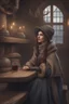 Placeholder: DnD style, medieval beautiful woman dressed in warm winter clothes sitting in a tavern