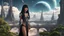 Placeholder: exotic slim sci-fi girl, with long dark hair with bangs, on an alien planet with tall cloud trees, tall spires, buildings, bridges, arches, photorealistic