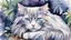 Placeholder: Watercolor of a long-haired cat with intense colors asleep in the jungle. Colors like blue violet gray black white.
