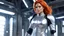 Placeholder: Laureline, the fiery-haired heroine known for her muscular frame and ample bosom, strides confidently in her skin-tight silver spacesuit that hugs every curve of her body. The reflective material of her suit catches the ambient light, giving her an ethereal glow as she moves with purpose through the enigmatic surroundings. The rectangular warehouse itself is a study in strangeness, filled with alien materials and starships to ripple and shift as if alive.