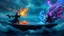 Placeholder: A magical duel between two wizards in a floating arena above a stormy sea, with colorful, electrifying spells lighting up the sky as waves crash far below. Photographic quality and detail, award-winning image, beautiful composition.