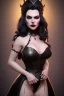 Placeholder: Amy Dumas as evil queen in black leather gown, evil, busty, cleavage, curvy, angry, stern look. character design by cory loftis, fenghua zhong, ryohei hase, ismail inceoglu and ruan jia. unreal engine 5, artistic lighting, highly detailed, photorealistic, fantasy