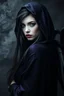 Placeholder: portrait a dark fairy woman with a pale face, long dark hair lookin at the camrea, in a dark purple shiny black hooded cloak, suggestive deep dark gaze, dark lips, impressive, perfect, cold beauty with dark wings on back, dark, sad, gothic mood, atmospheric, smoke, high detalied, high realistic, photorealistic, blur smoky background with dark shadows