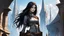 Placeholder: Exotic sci-fi steampunk skinny girl, with long dark hair, in an alien city, tall spires, buildings, bridges, and arches