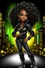 Placeholder: Create a digital airbrush cartoon of an African American female wearing a black jean outfit with timberland boots. Prominent make up with hazel eyes. She is wearing large diamond hoop earrings. Extremely highly detailed very long curly hair that shines. Background of a night club.