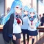 Placeholder: Clear focus, High resolution, long fluffy light blue hair, hair between eyes, long locks, wearing a sailor uniform, wearing a sailor skirt, long black socks, 1girl, cartoon, cute, UNFOTABLE studio, red tie, walking, outside setting