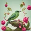 Placeholder: A small bird in light green sitting on several small dragon fruits all on a light background for removal